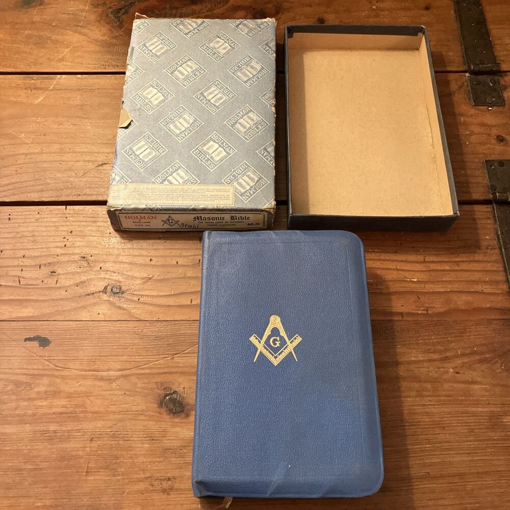 Vintage 1957 Holman Masonic Bible in Original Box Blue Leather Cover 40-M
